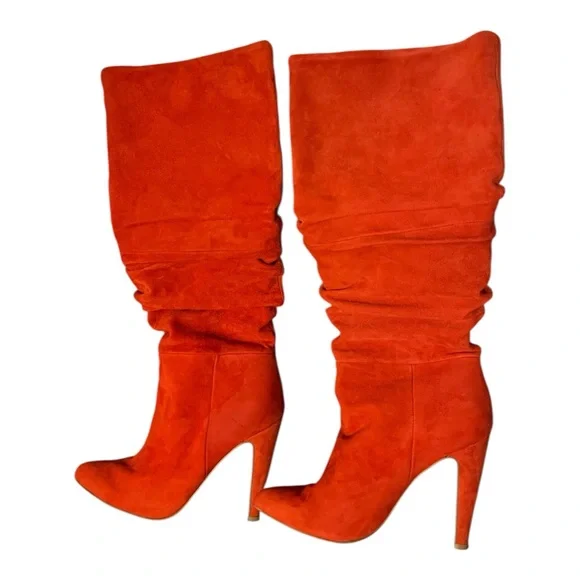 Vibrant Red Leather 5-inch Heeled Pointy Toe Boots Size 7.5 Valentine’s Day - Picture 1 of 12